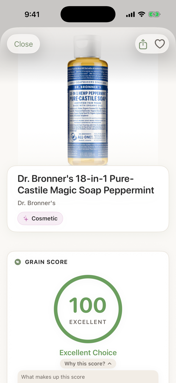 Dr. Bronner's castile soap rated Excellent in Grain