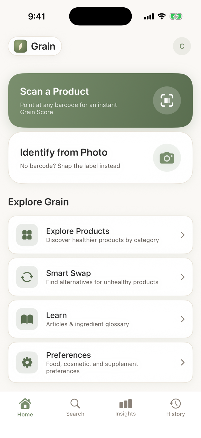 Grain home screen with the scan button and recent scans