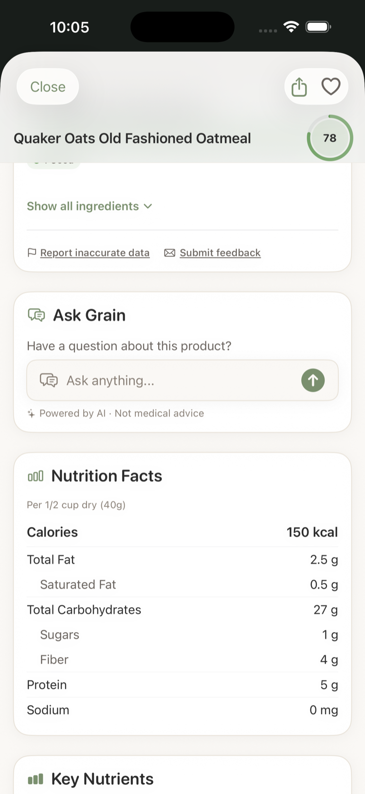 Ask Grain chat answering a question about a scanned product