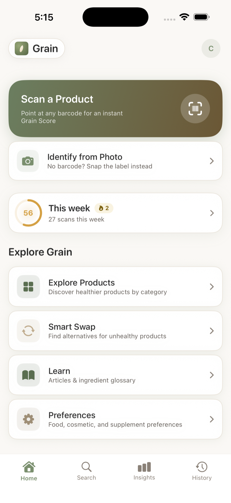 Explore screen with curated product categories