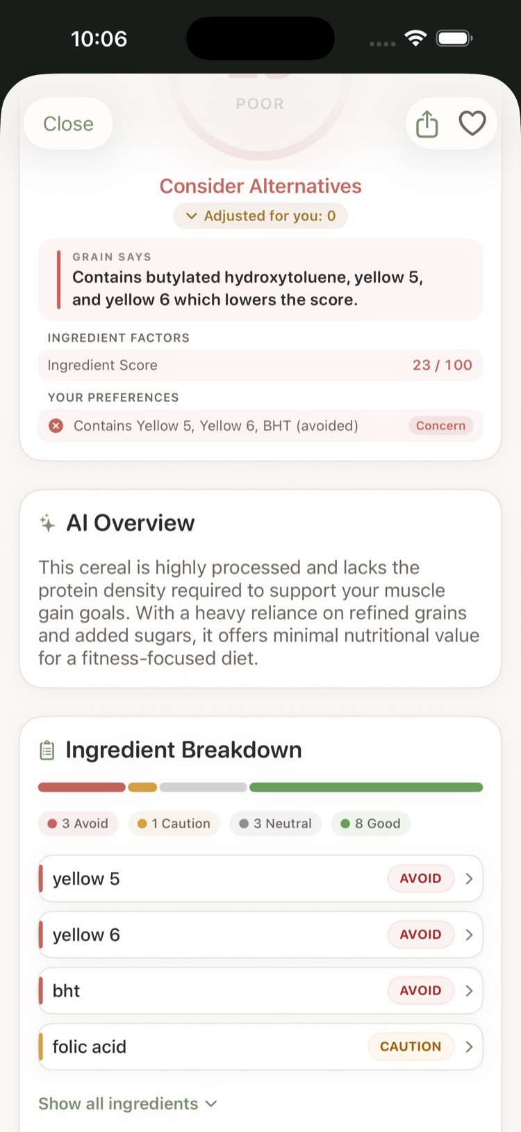 Ingredient-by-ingredient analysis of a scanned product