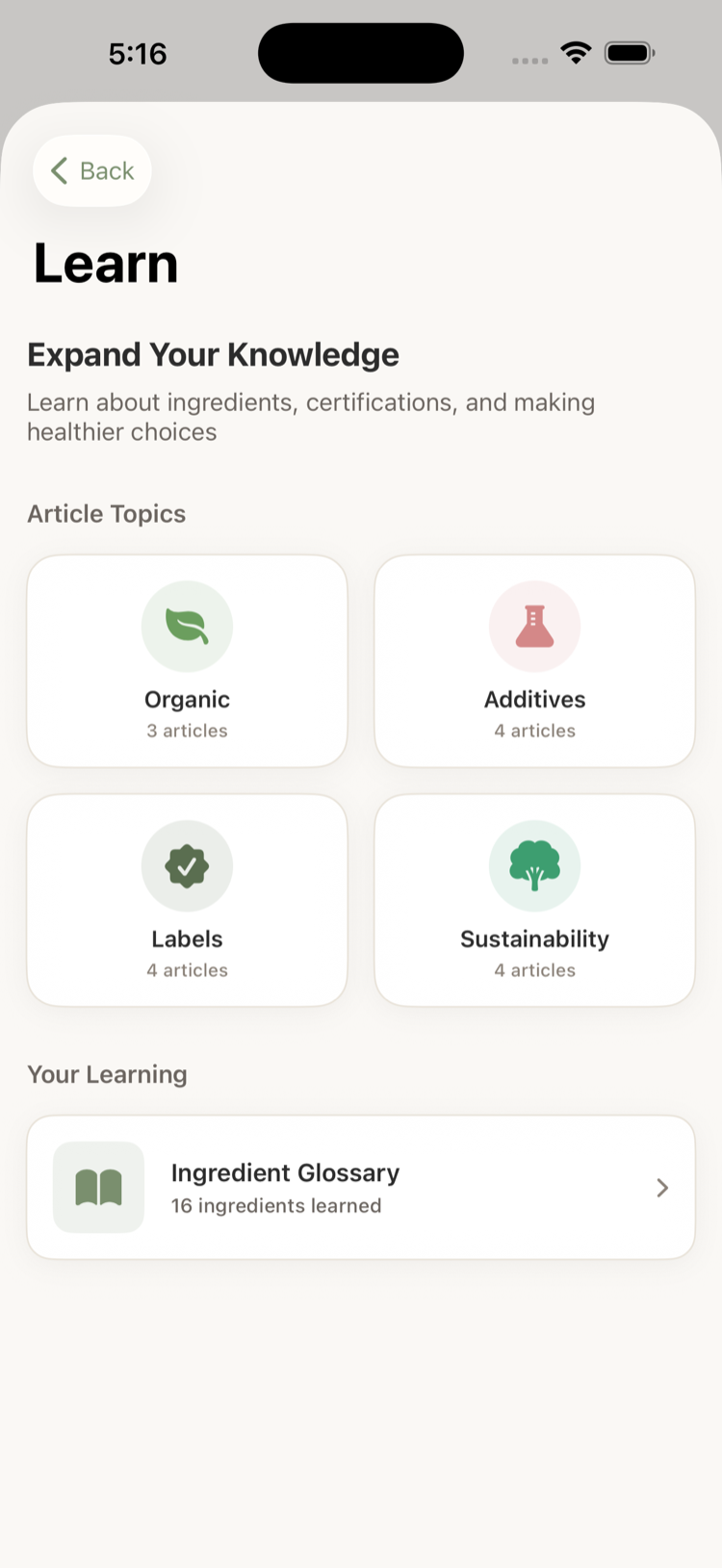 Learn tab with weekly articles and the ingredient glossary