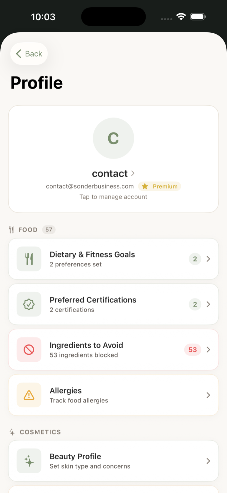 Profile settings for allergies, ingredients to avoid, and preferred certifications