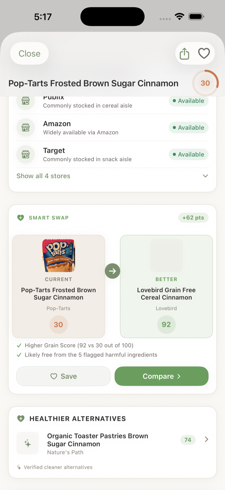 Smart Swaps screen suggesting a better-scoring alternative